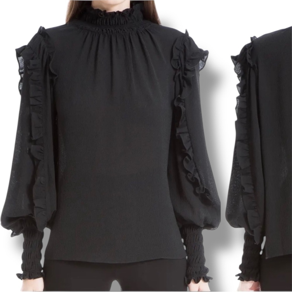 NWT Max Studio Black Ruffle Mockneck Blouson Sleeve Top - Size Small